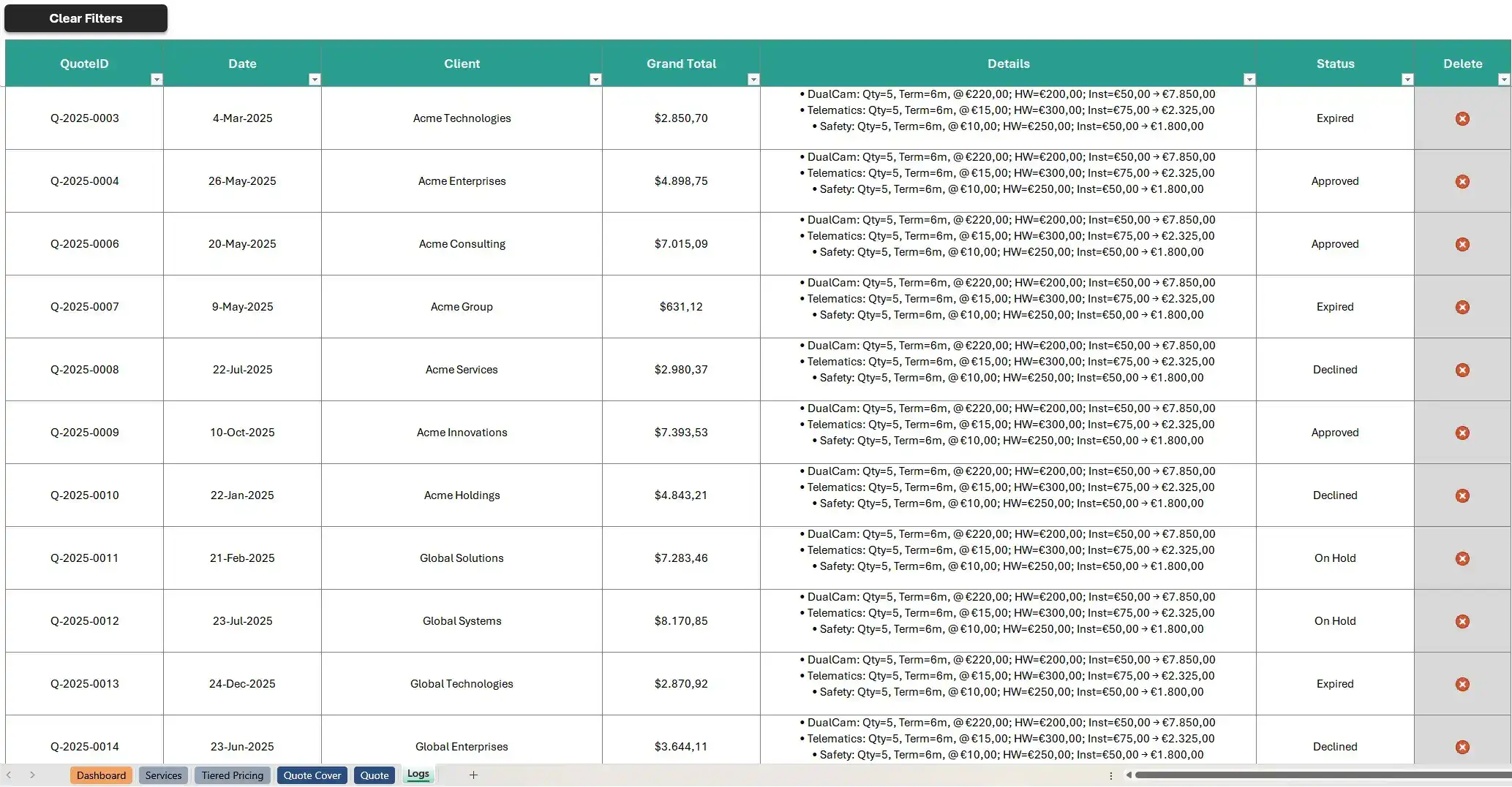 Excel archive of saved quotes with columns for ID, client, date, amount, status, and details. Includes dropdown filters and delete options for managing historical quotes.